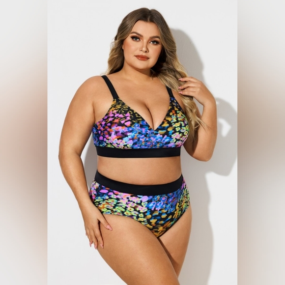 NEW NWT MeetCurve Plus Size V-Neck Neon Leopard Print Bikini Top & Bottom - Picture 6 of 7